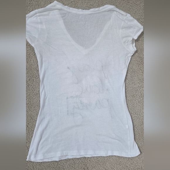 Express White Graphic Tee with Black Ruffle Chiffon Text Size Medium - Picture 4 of 5